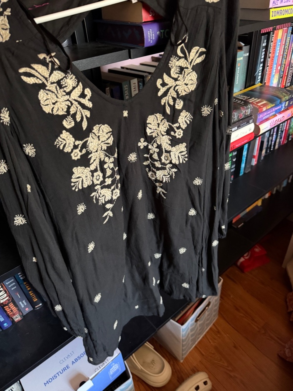 Free People Black Peasant Top with Cream Floral Embroidery